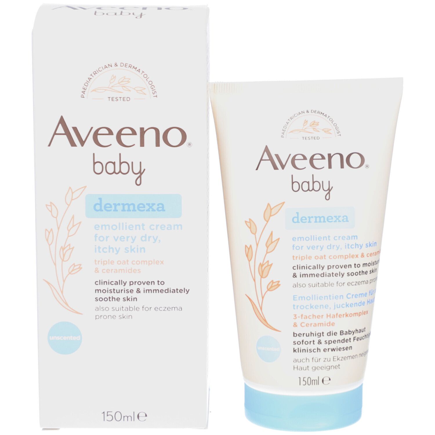 Aveeno Baby Dermexa Creme und Verpackung. Weiße Verpackung und Tube.