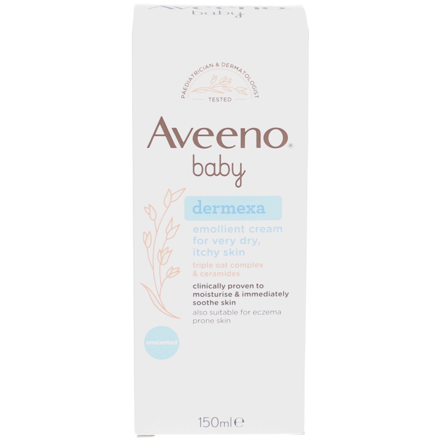 Aveeno Baby Dermexa Creme Verpackung. Weiße Verpackung mit Text.