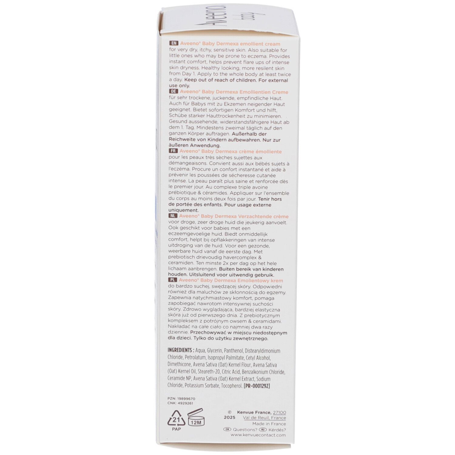 Seite der Aveeno Baby Dermexa Creme Verpackung. Text in mehreren Sprachen.