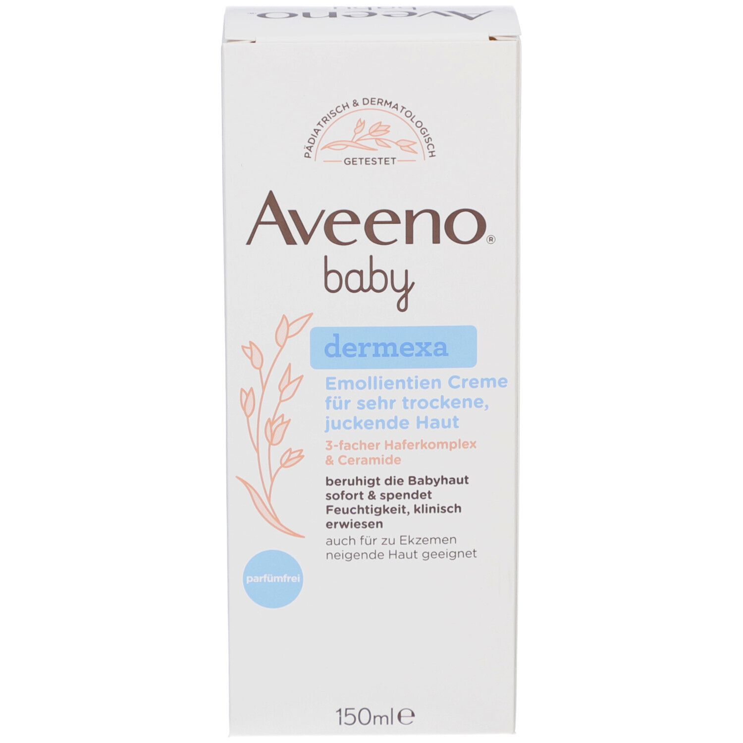 Seite der Aveeno Baby Dermexa Creme Verpackung. Text in Deutsch.