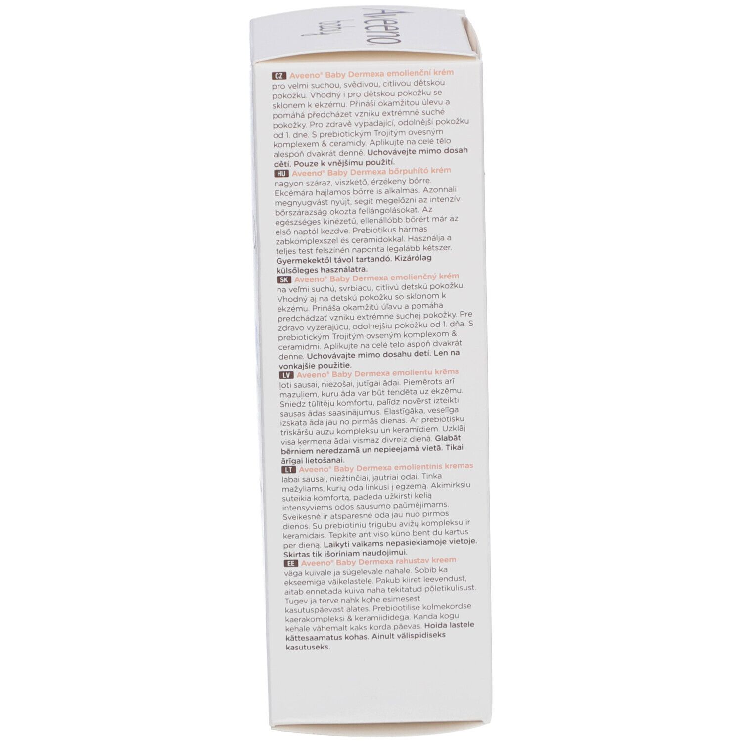 Seite der Aveeno Baby Dermexa Creme Verpackung. Text in mehreren Sprachen.