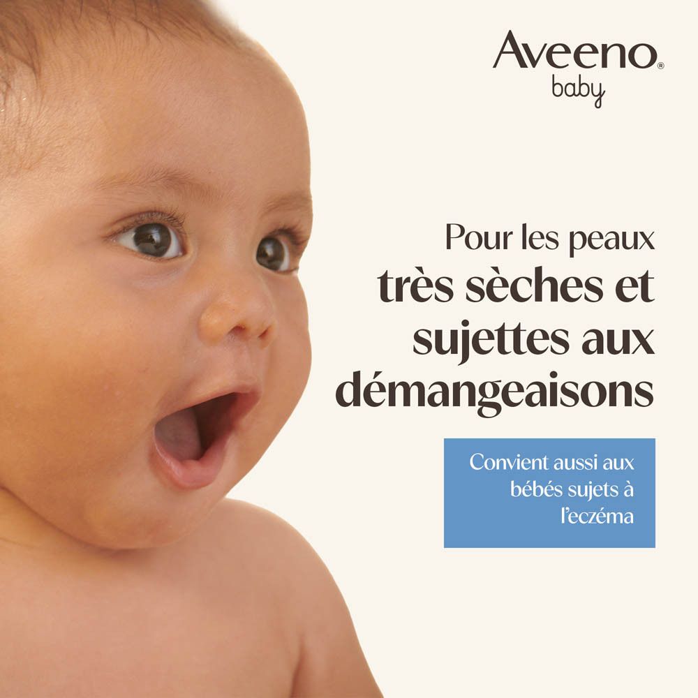Visage de bébé. Texte: Pour les peaux très sèches et sujettes aux démangeaisons.