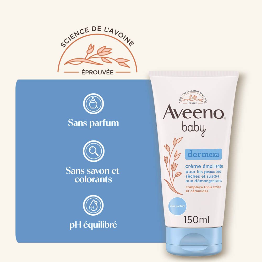 Tube Aveeno Baby Dermexa. Tube blanc, bouchon bleu. Texte: Dermexa, 150ml.