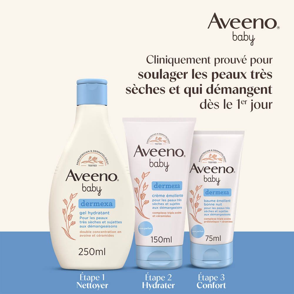 Produits Aveeno Baby Dermexa. 3 produits. Texte: Étape 1 Nettoyer, Étape 2 Hydrater, Étape 3 Confort.