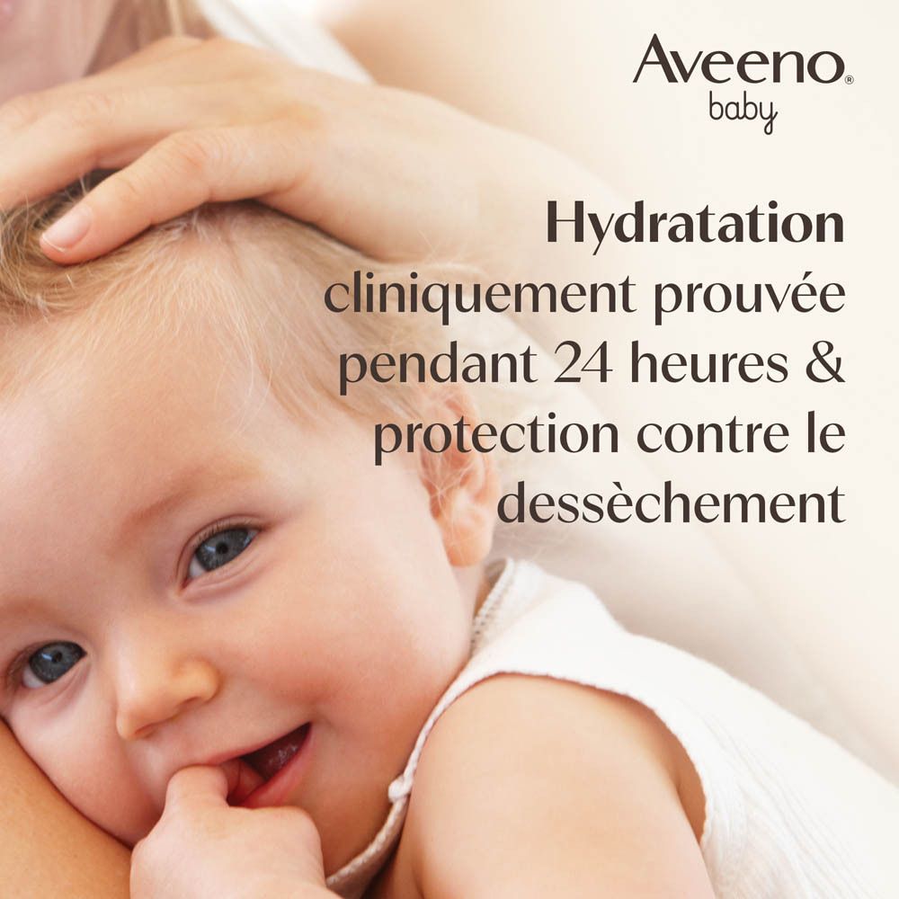 Bébé avec main sur la tête. Texte: Hydratation prouvée 24h & protection contre le dessèchement.