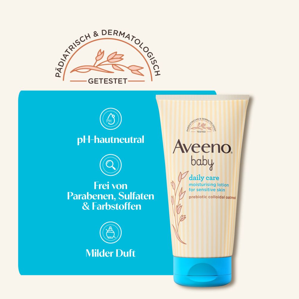 Aveeno Baby Daily Care Lotion. Tube mit blauer Fläche. Text: pH-hautneutral, frei von Parabenen, Sulfaten & Farbstoffen.