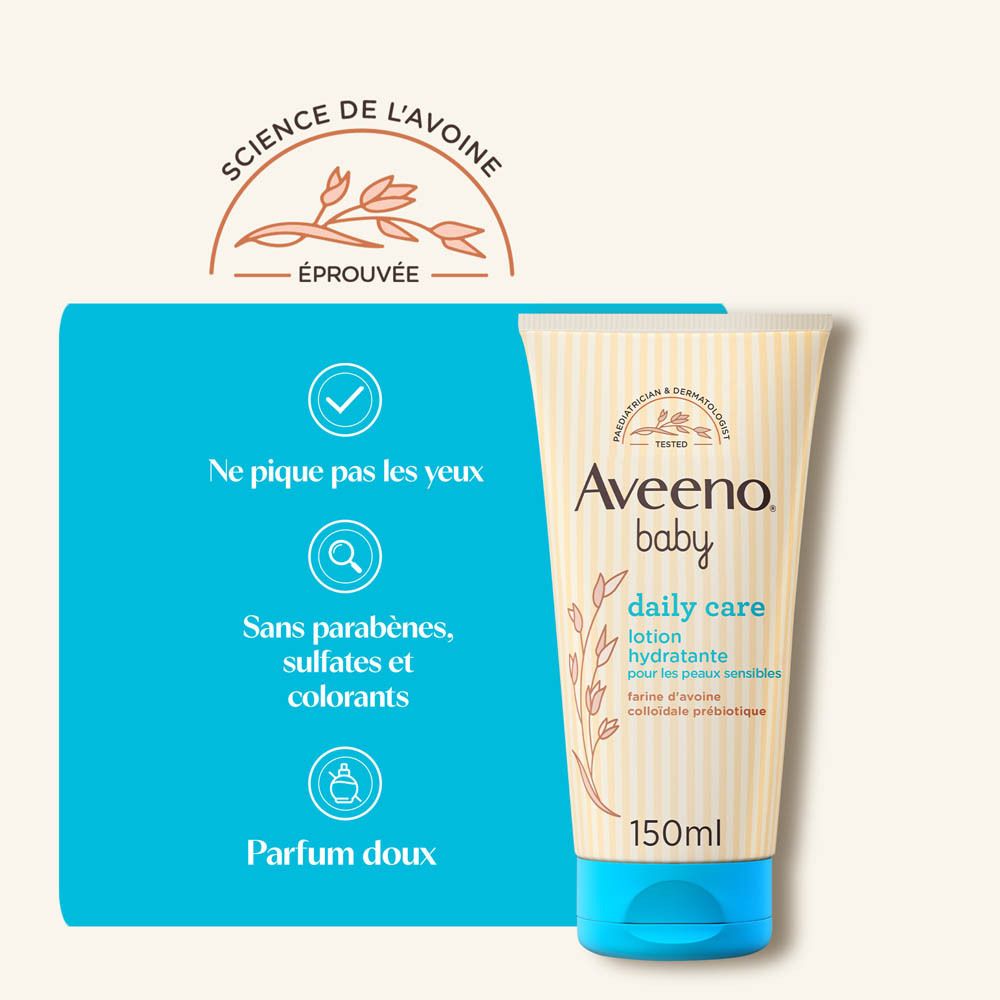 Aveeno Baby Daily Care Lotion. Tube sur fond bleu. Texte: Ne pique pas les yeux, sans parabènes, sulfates.