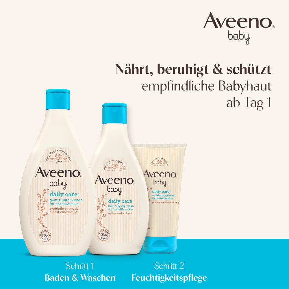 Drei Aveeno Baby Produkte. Text: Schritt 1 Baden & Waschen, Schritt 2 Feuchtigkeitspflege.