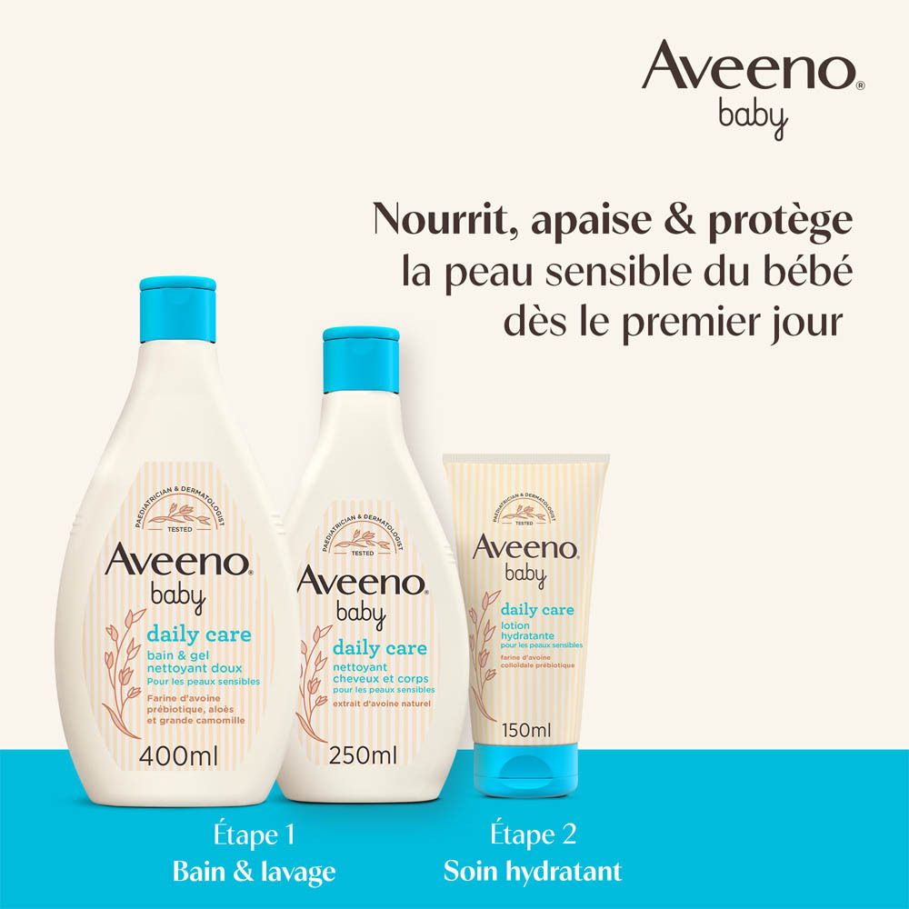 Trois produits Aveeno Baby. Texte: Étape 1 Bain & lavage, Étape 2 Soin hydratant.