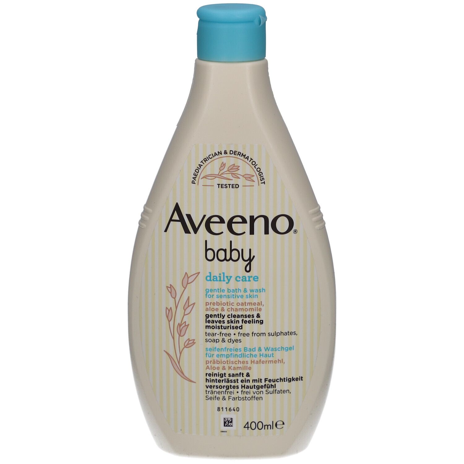 Aveeno Baby Daily Care Bad & Waschgel. Flasche mit blauem Deckel. Aufschrift: sanft reinigt & hinterlässt ein mit Feuchtigkeit versorgtes Hautgefühl.