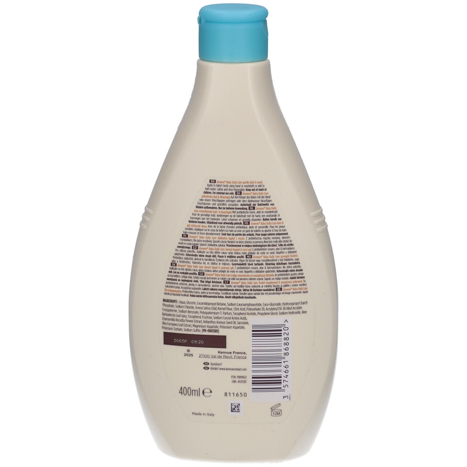 Rückseite der Aveeno Baby Daily Care Flasche. Text in mehreren Sprachen. 400ml. Hergestellt in Italien.
