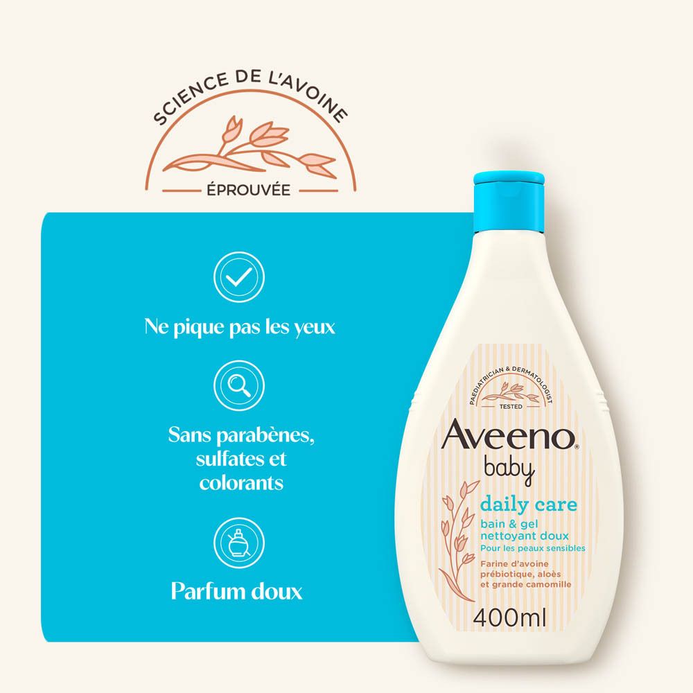 Flacon Aveeno Baby Daily Care. Texte: Ne pique pas les yeux, Sans parabènes, sulfates et colorants, Parfum doux.
