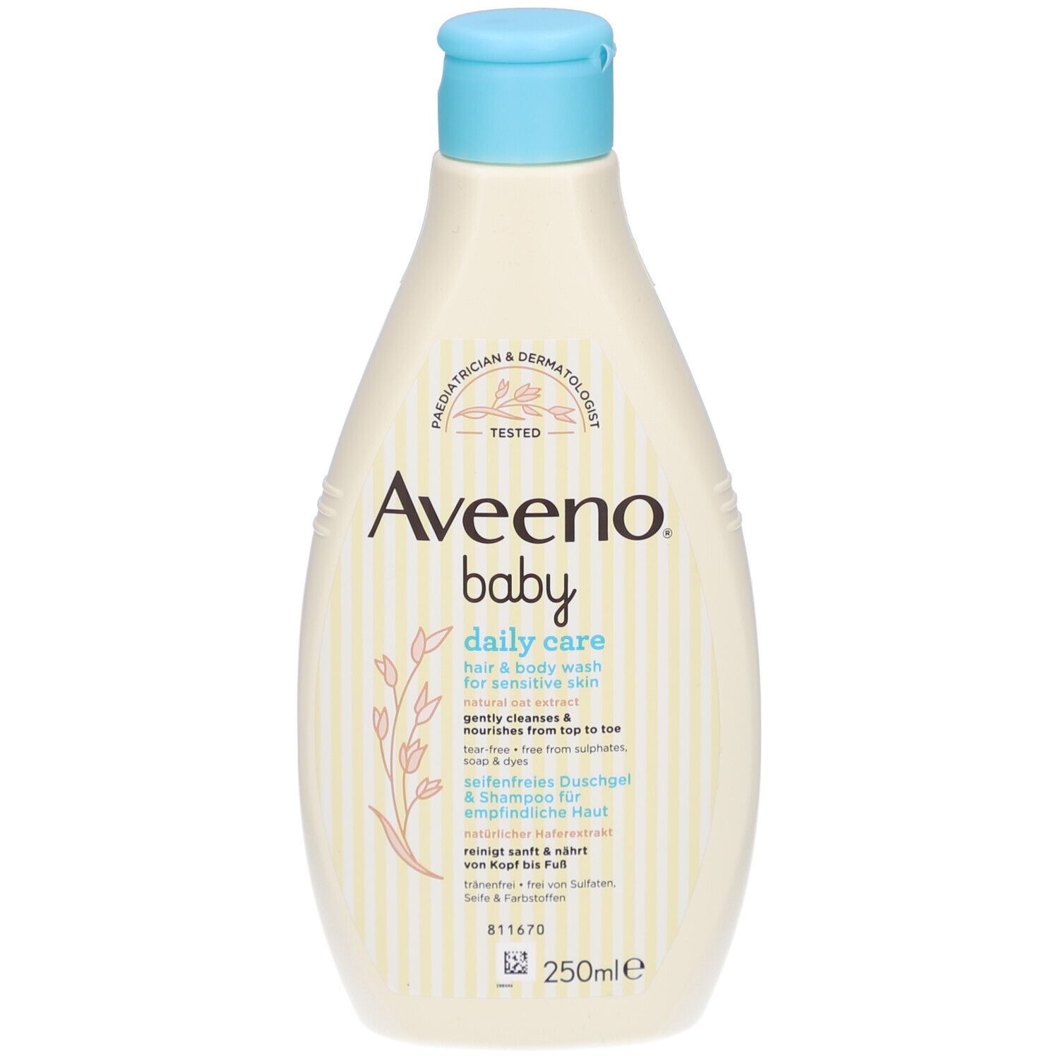 Beige Flasche mit blauem Deckel. Aufschrift: Aveeno baby daily care. Für Haare & Körper. 250ml.