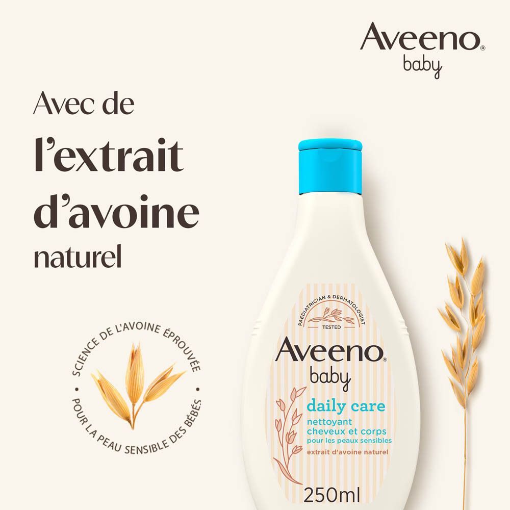 Flacon à bouchon bleu et épis d'avoine. Texte: Avec de l'extrait d'avoine naturel.