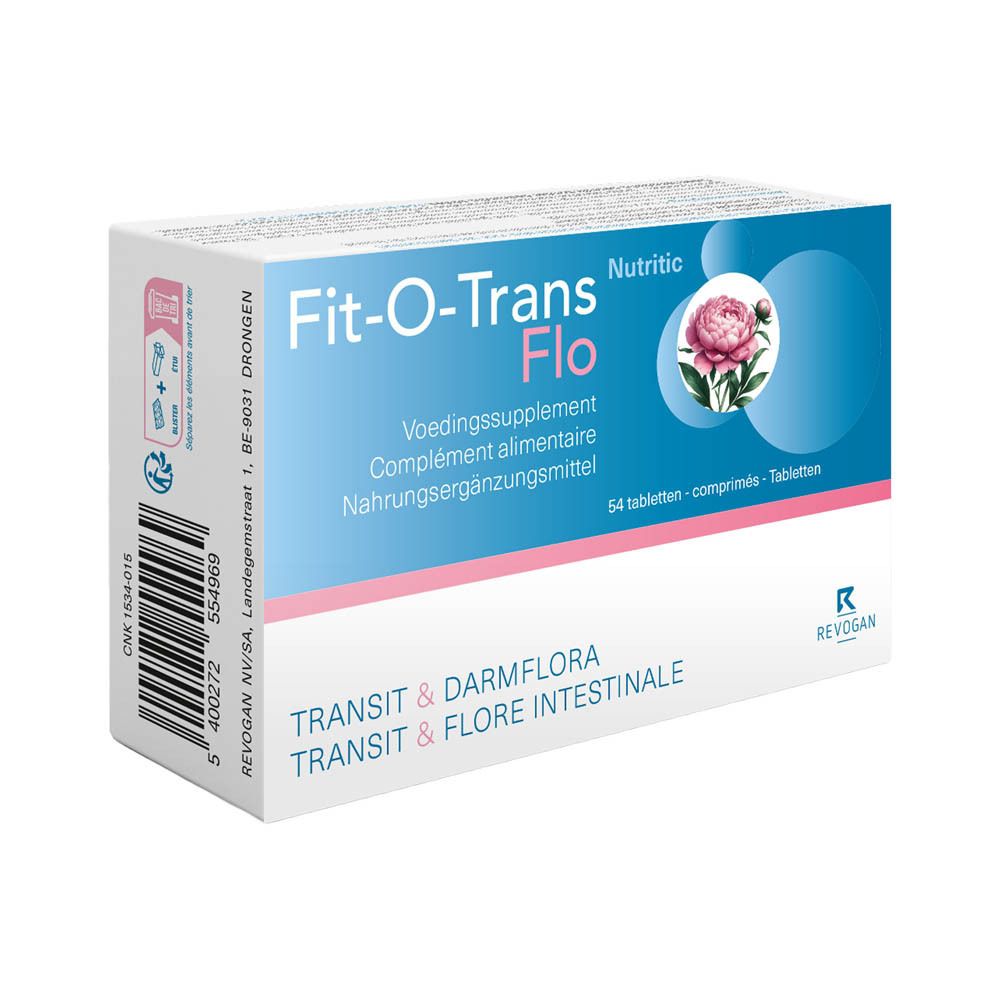Emballage du produit sur fond floral. Texte: Fit-O-Trans Flo. Favorise la digestion, aide en cas de flatulences.