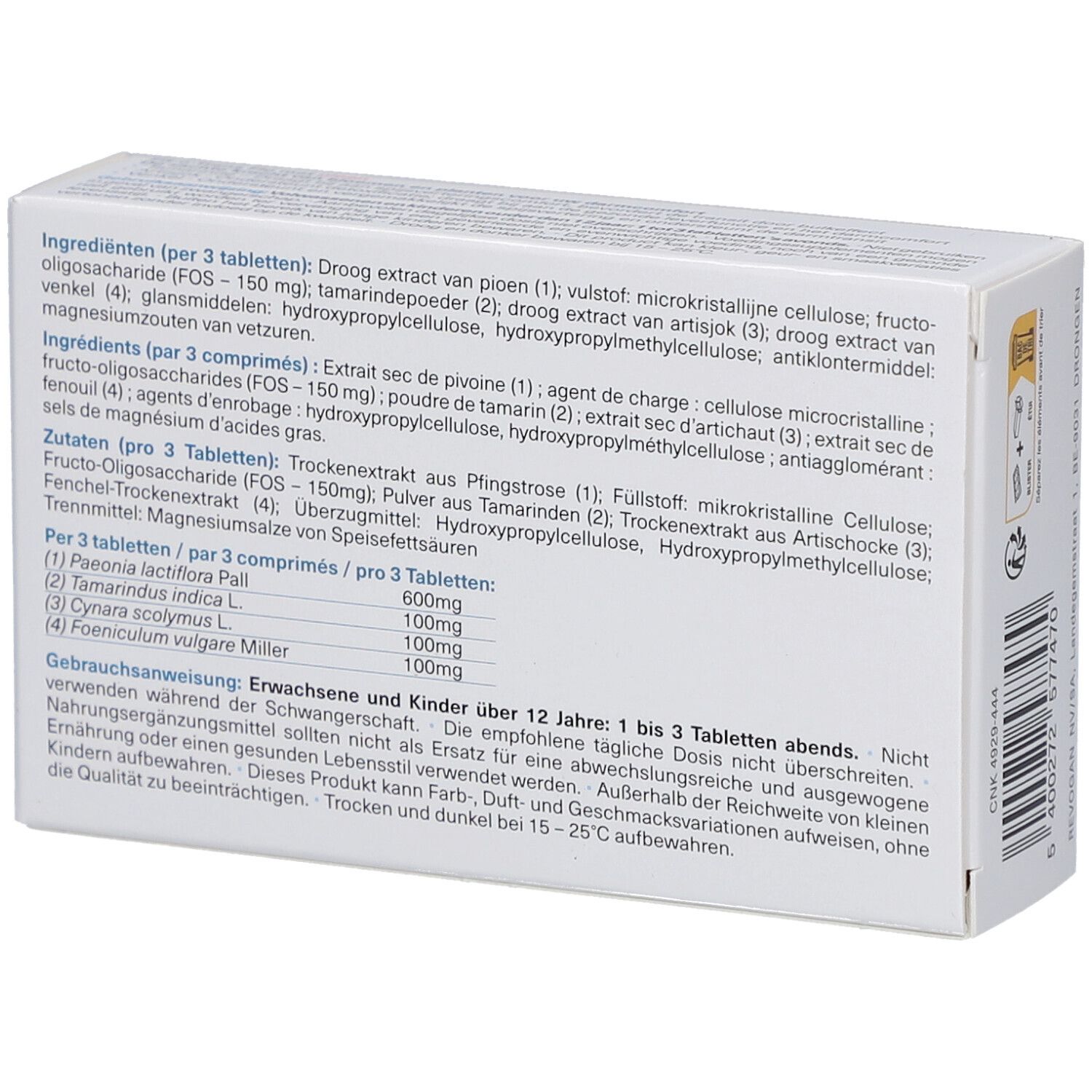 Dos de l'emballage Fit-O-Trans Flo. Liste des ingrédients et autres informations en plusieurs langues.