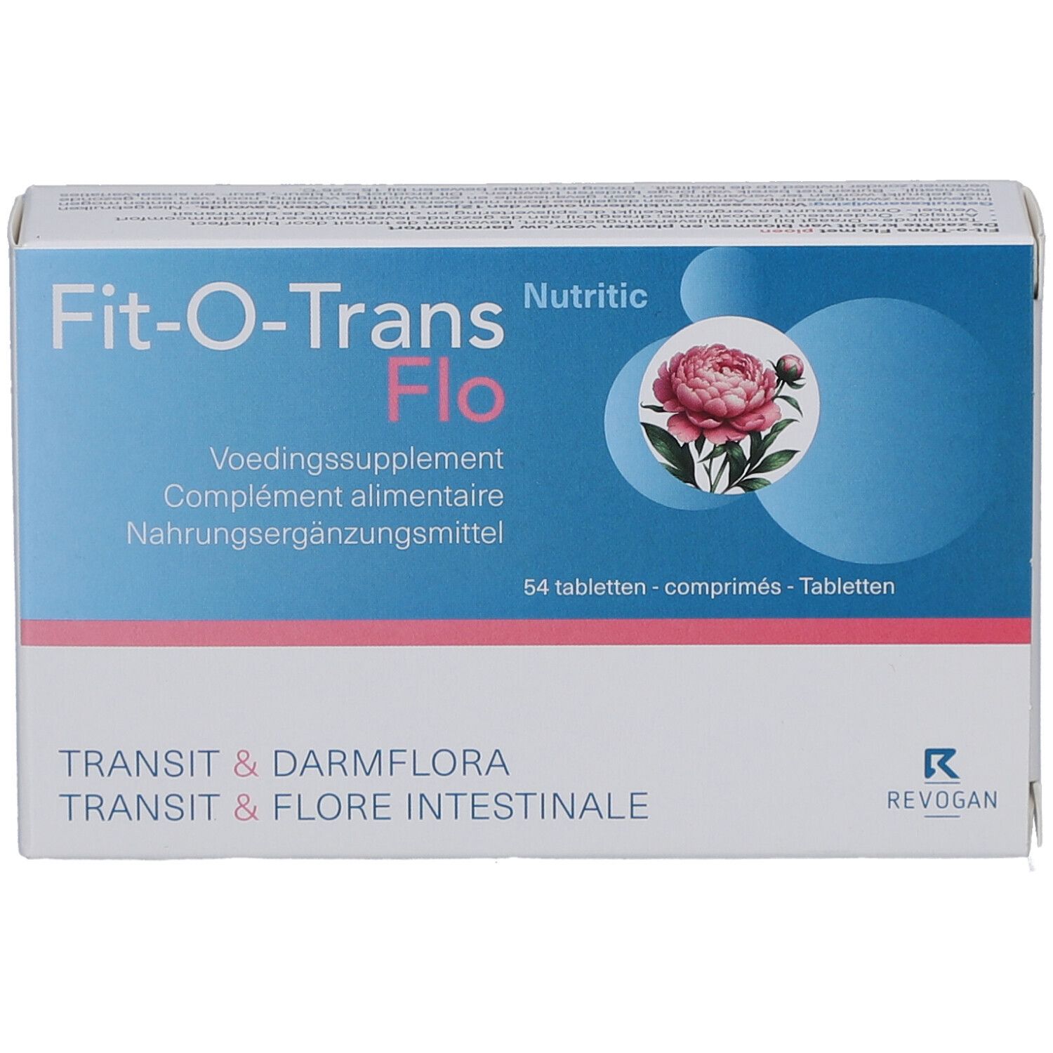 Emballage Fit-O-Trans Flo, complément alimentaire. Image d'une fleur. Inscription: 54 comprimés. Texte multilingue.