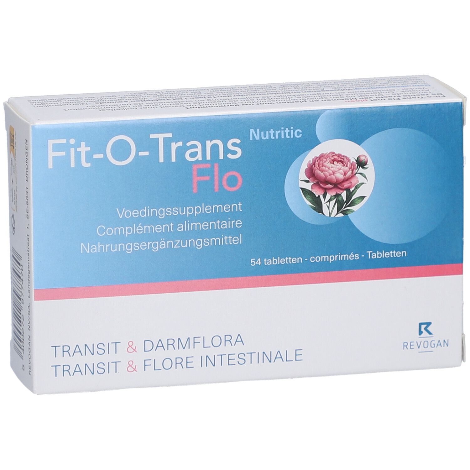 Emballage Fit-O-Trans Flo, complément alimentaire. Image d'une fleur. Inscription: 54 comprimés. Texte multilingue.