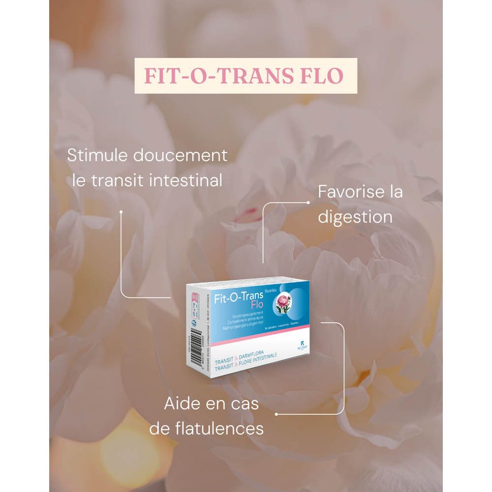 Emballage du produit sur fond vert. Texte: Fit-O-Trans Flo. Complément alimentaire à base de plantes.