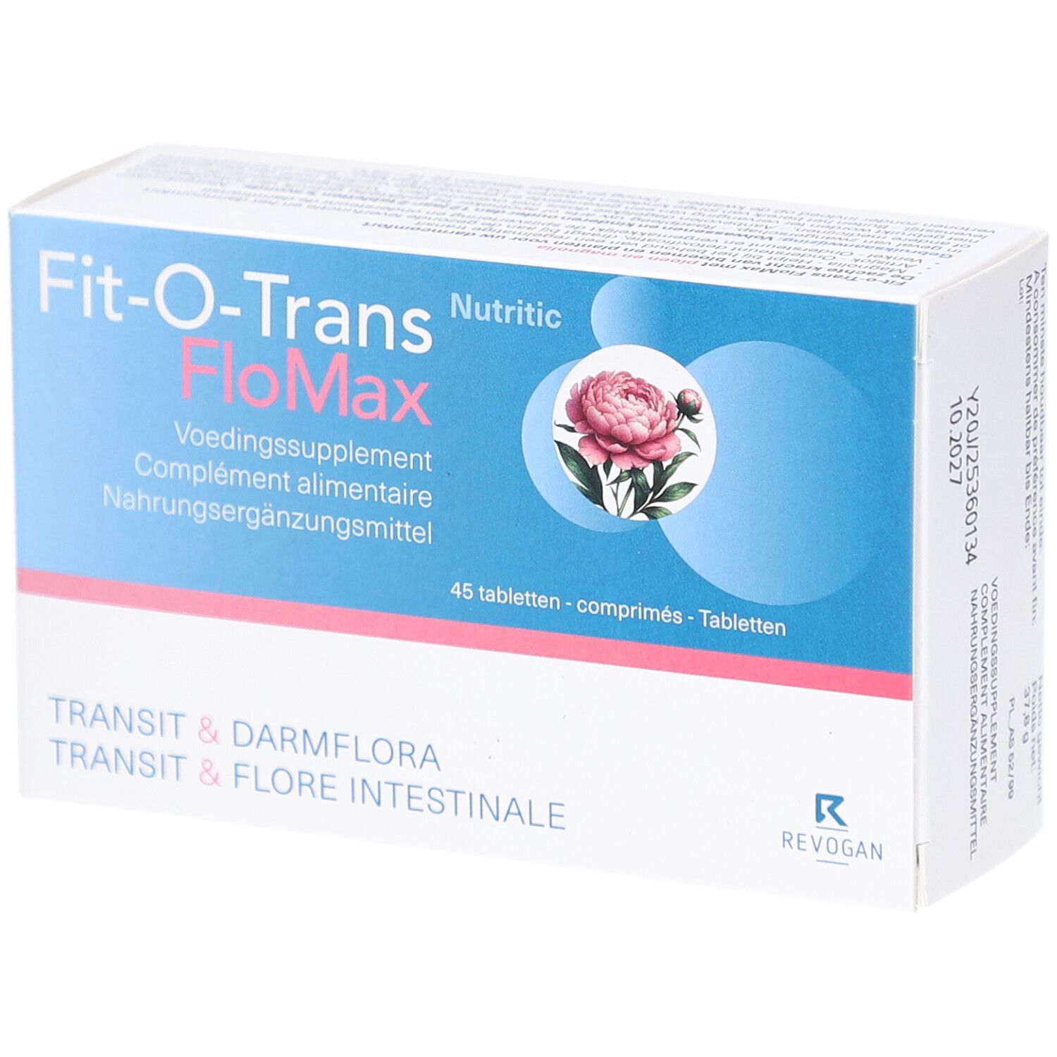Boîte de Fit-O-Trans FloMax. Emballage bleu et blanc avec nom du produit et motif floral. 45 comprimés.