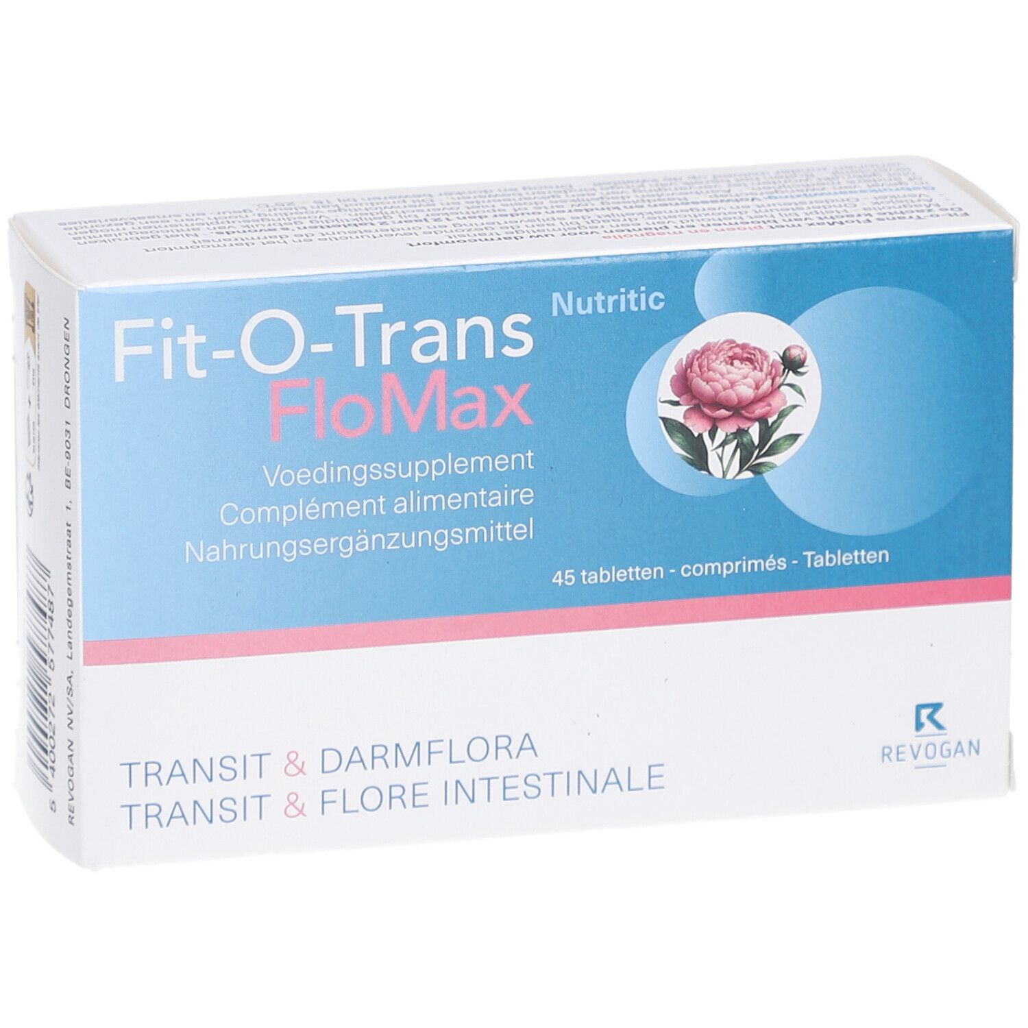 Vue de face de l'emballage Fit-O-Trans FloMax. Nom du produit, logo et motif floral. Emballage bleu et blanc.