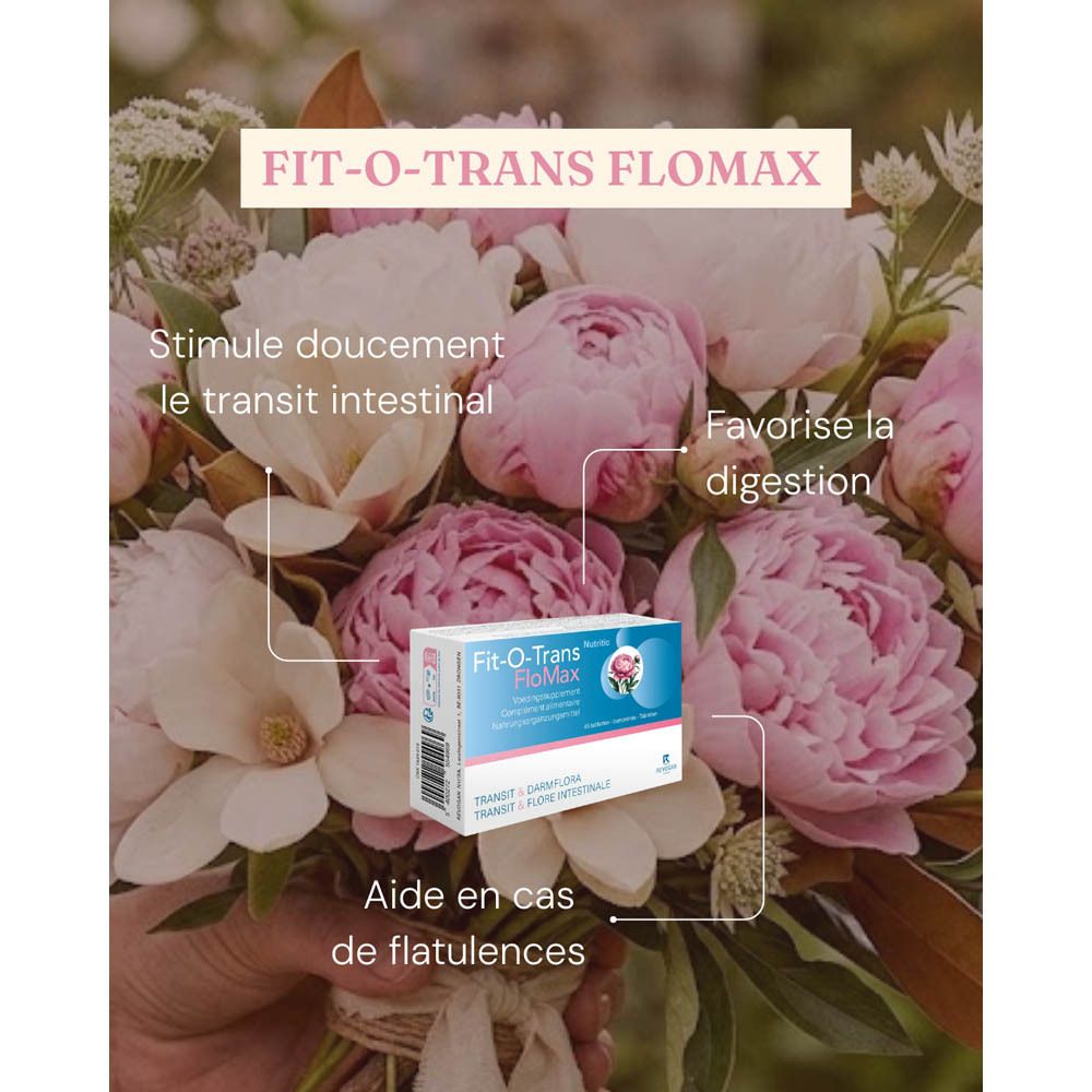 Image du produit Fit-O-Trans FloMax dans un bouquet. Texte sur les avantages.