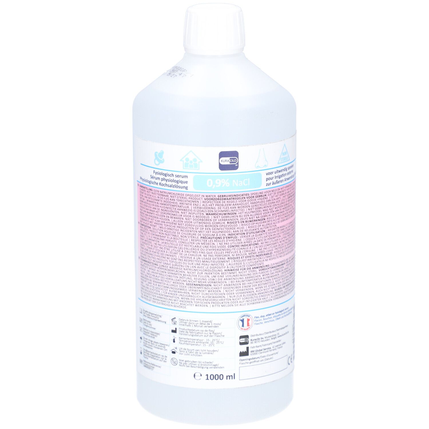 Flasche mit Flüssigkeit. Aufschrift: 0,9% NaCl. Etikett mit Informationen. Weißer Schraubverschluss. Durchsichtiges Behältnis.