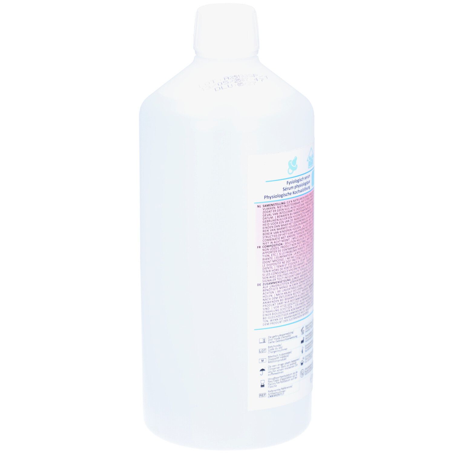 Flasche mit Flüssigkeit. Weißer Schraubverschluss. Durchsichtiges Behältnis. Etikett teilweise sichtbar. Aufschrift nicht lesbar.