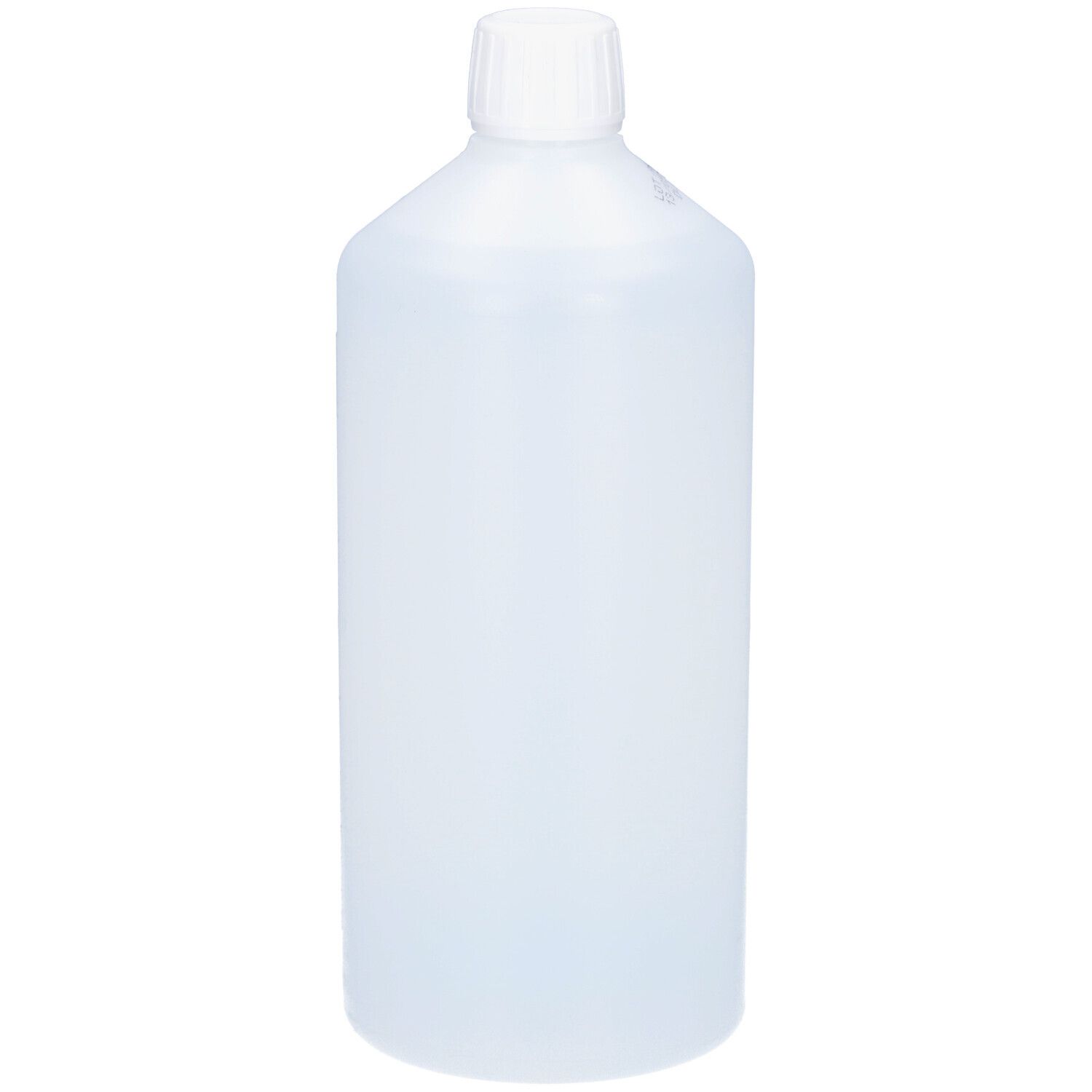 Transparente Flasche mit weißem Schraubverschluss. Zylindrische Form. Keine sichtbaren Etiketten oder Aufschriften.