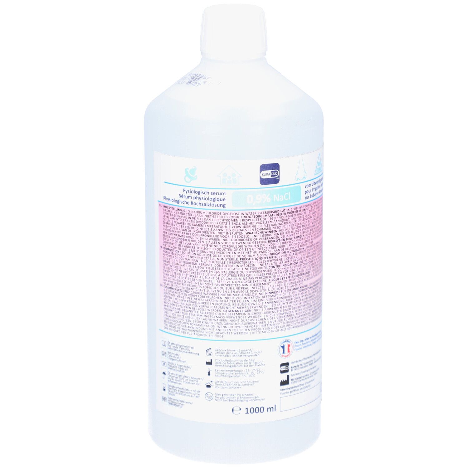 Flasche mit Flüssigkeit. Aufschrift: 0,9% NaCl. Etikett mit Informationen. Weißer Schraubverschluss. Durchsichtiges Behältnis.