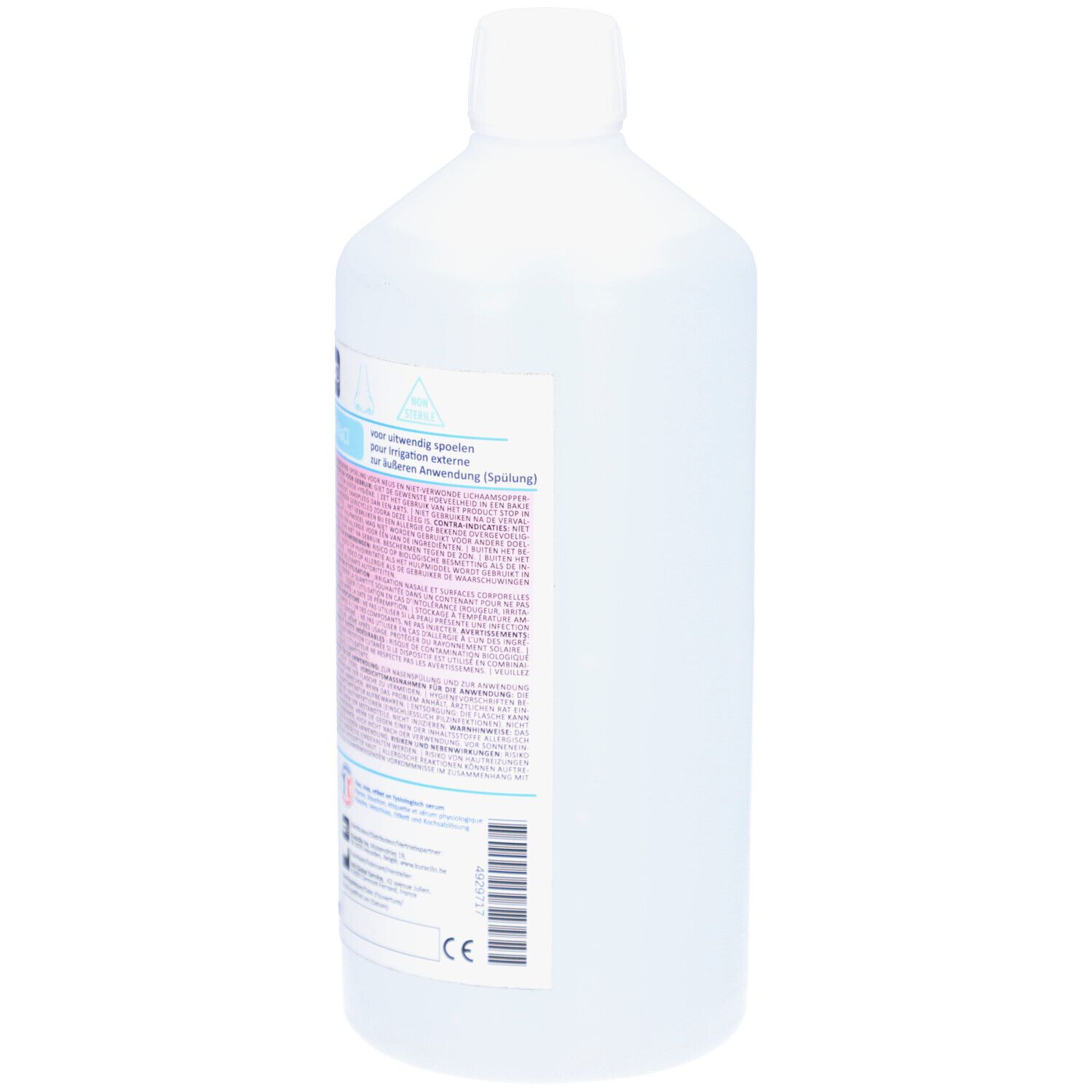 Flasche mit Flüssigkeit. Aufschrift: 0,9% NaCl. Etikett mit Informationen. Weißer Schraubverschluss. Durchsichtiges Behältnis.