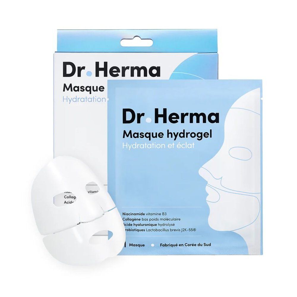 Emballage d'un masque visage hydrogel Dr. Herma avec niacinamide, collagène et acide hyaluronique.