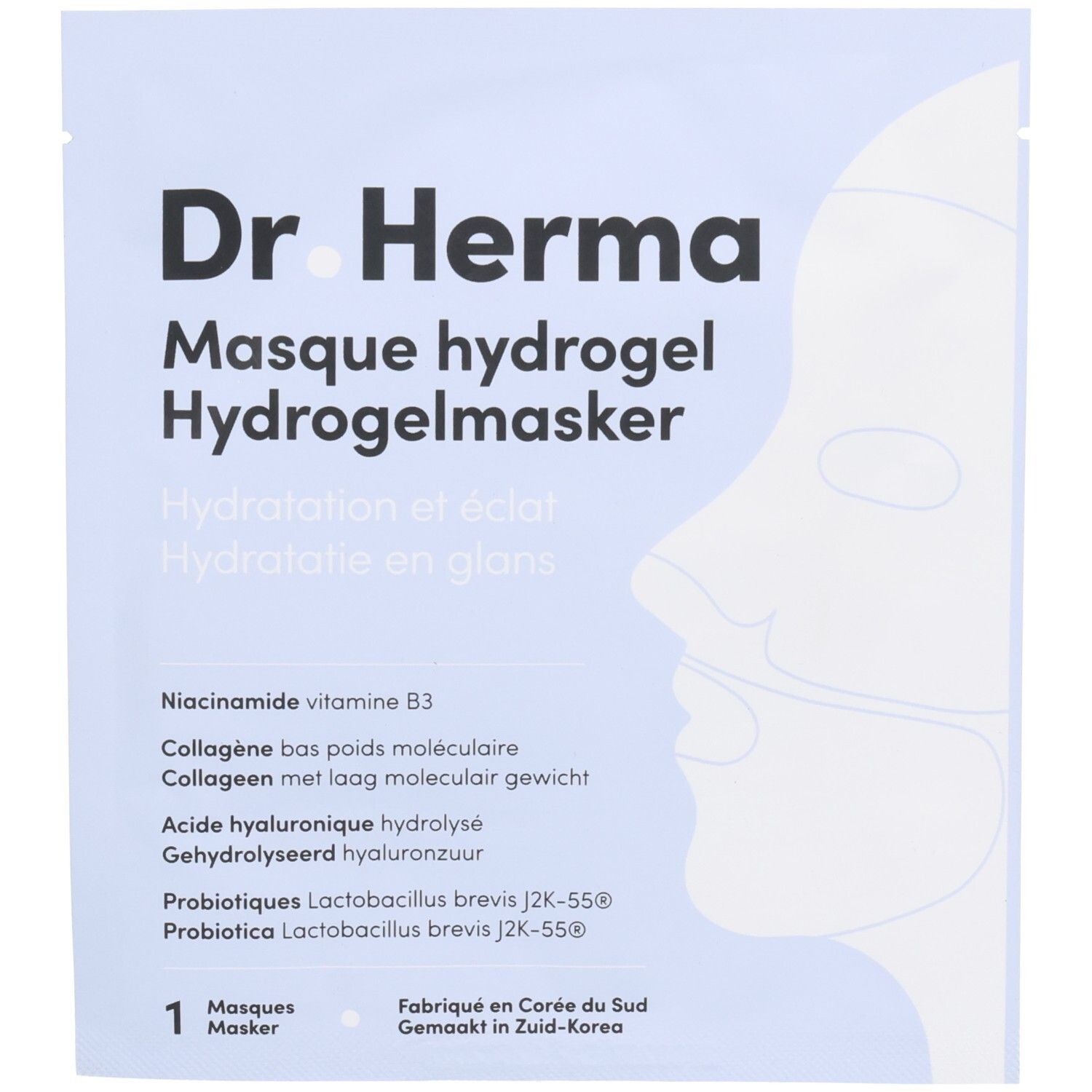 Verpackung eines Dr. Herma Hydrogel-Gesichtsmasken-Packs mit Niacinamid, Kollagen und Hyaluronsäure.