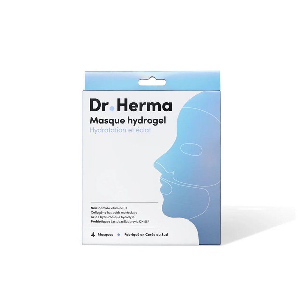 Emballage et masque visage hydrogel Dr. Herma, avec niacinamide, collagène et acide hyaluronique.