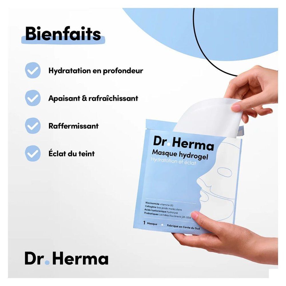Boîte de 4 masques visage hydrogel Dr. Herma, avec niacinamide, collagène et acide hyaluronique.