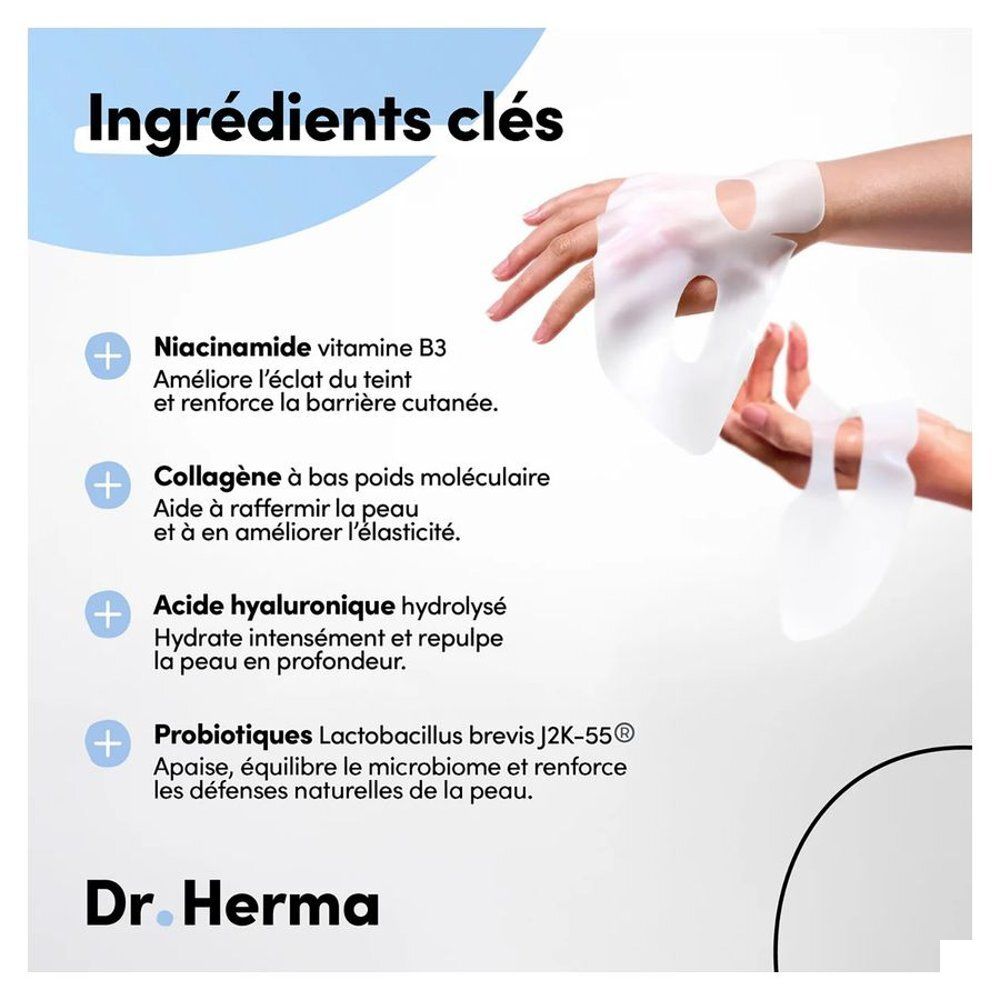 Main tenant plusieurs paquets de masques visage hydrogel Dr. Herma, avec niacinamide, collagène et acide hyaluronique.