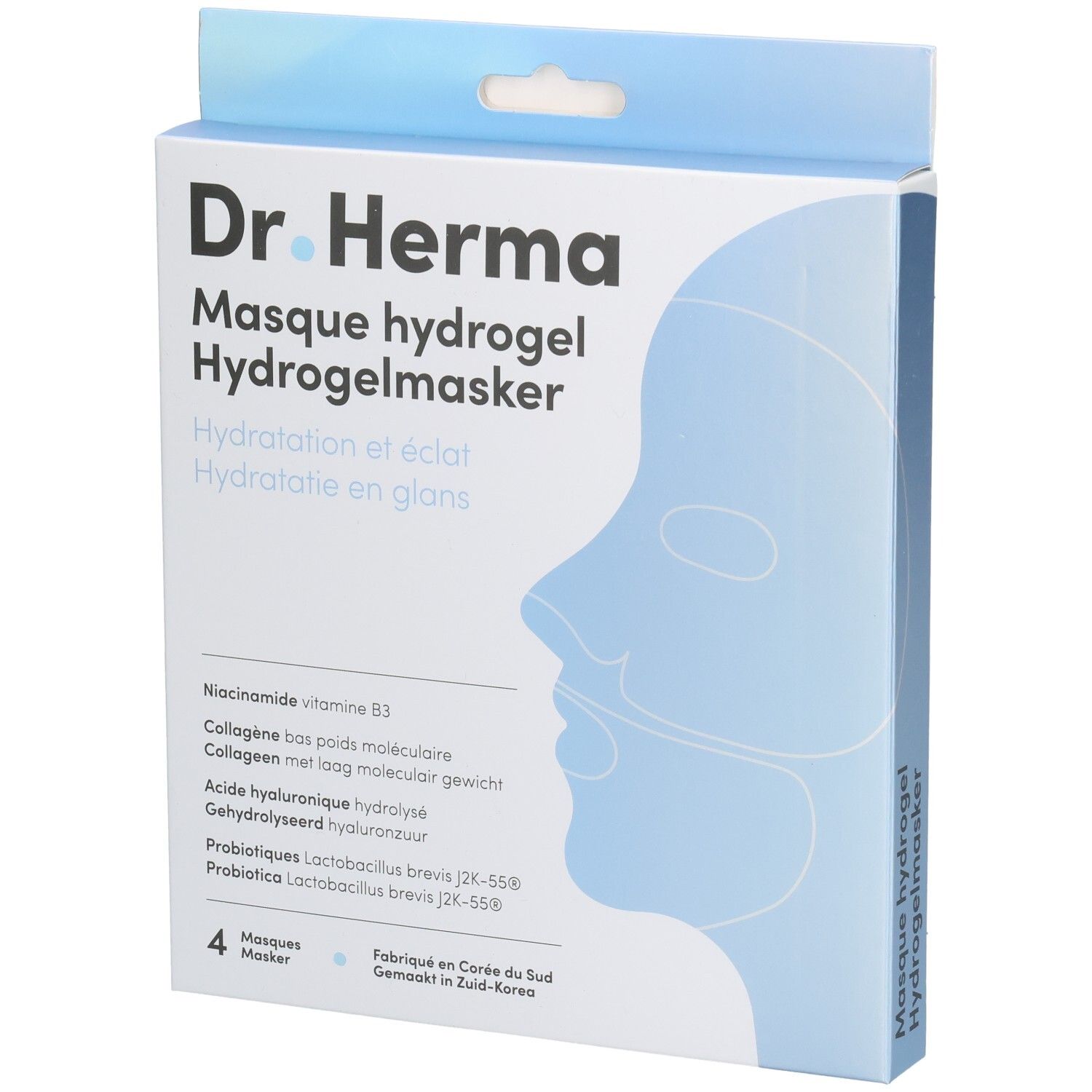 Verpackung von Dr. Herma Hydrogelmaske. Blaue Box mit Produktnamen, Gesichtsillustration und Inhaltsstoffen.