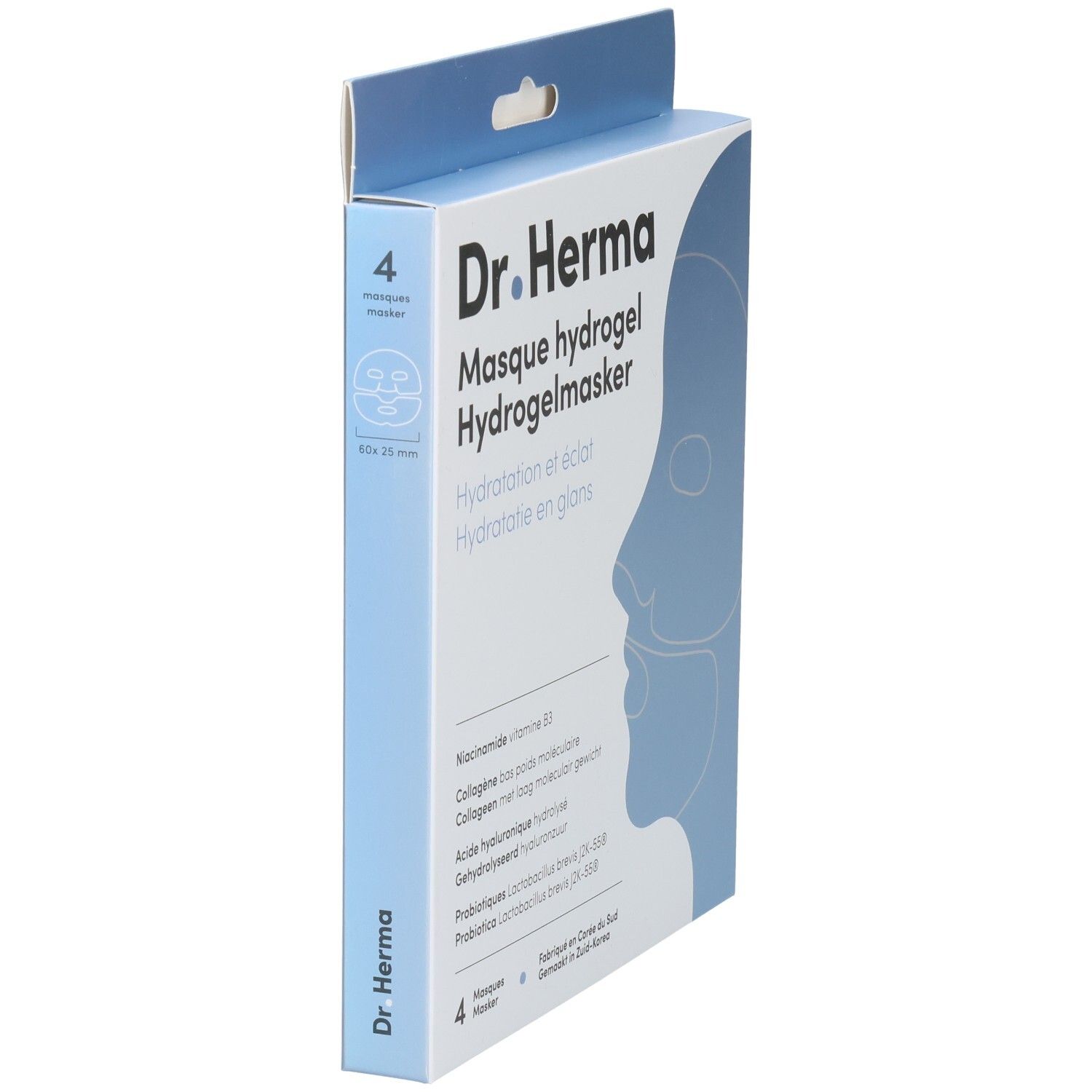 Dr. Herma Hydrogelmaske Verpackung, Seitenansicht. Blaue Box mit Produktnamen und Gesichtsillustration.