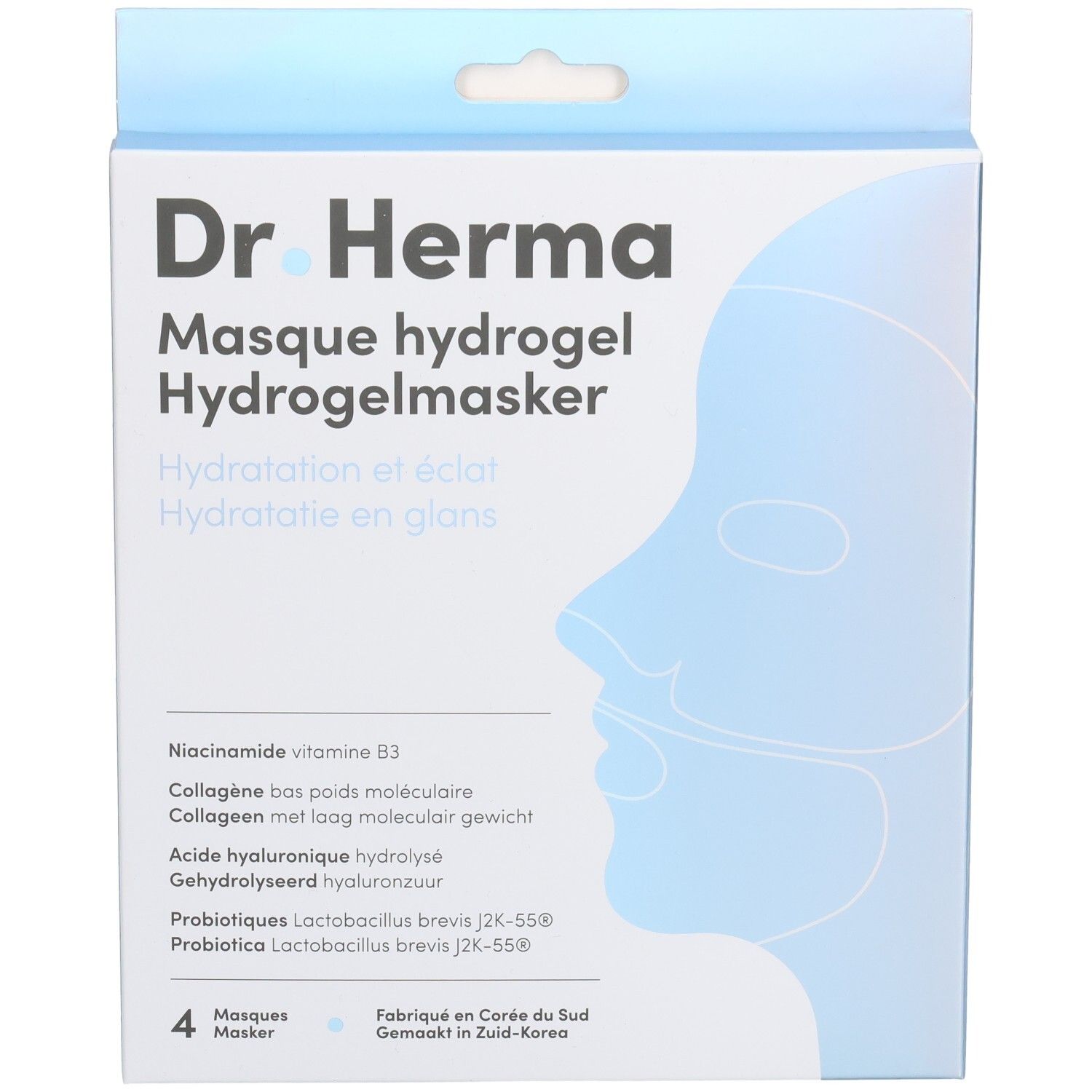 Dr. Herma Hydrogelmaske Verpackung. Blaue Box mit Produktnamen, Gesichtsillustration und Inhaltsstoffen.