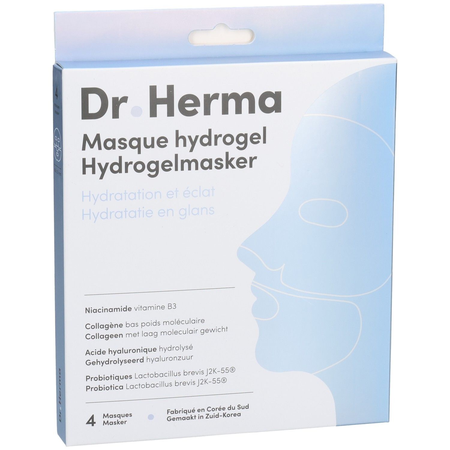 Dr. Herma Hydrogelmaske Verpackung. Blaue Box mit Produktnamen, Gesichtsillustration und Inhaltsstoffen.