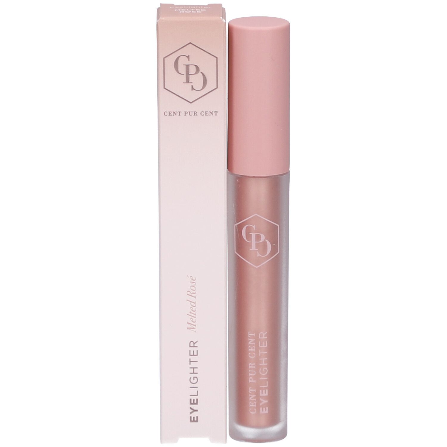 Eyelighter-Stift und Verpackung. Auf der Verpackung steht „CENT PUR CENT EYELIGHTER Melted Rosé“.