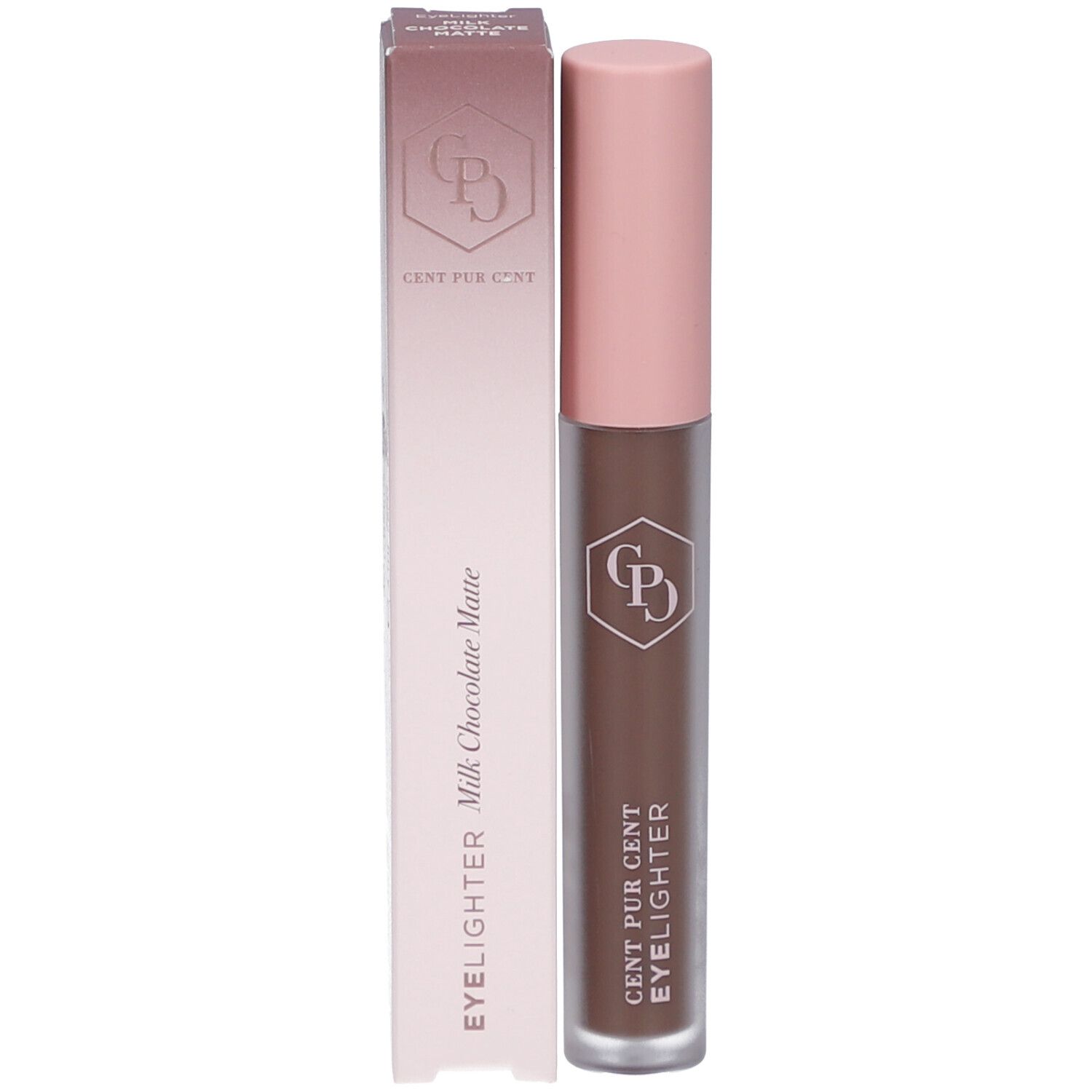 Eyelighter-Stift und Verpackung. Aufschrift: CENT PUR CENT EYELIGHTER Milk Chocolate Matte.
