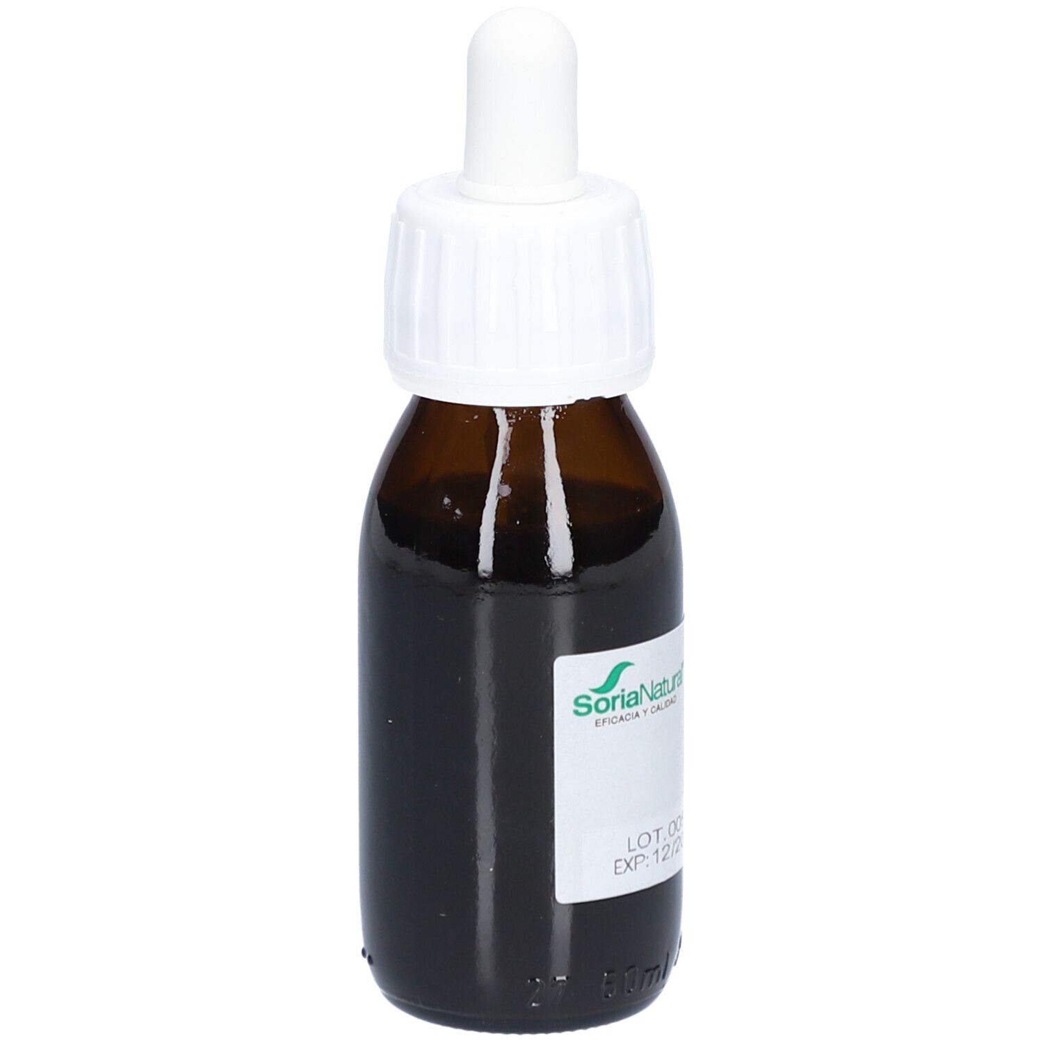 Braune Glasflasche mit weißem Schraubverschluss und Pipette. Etikett mit Logo und Text.