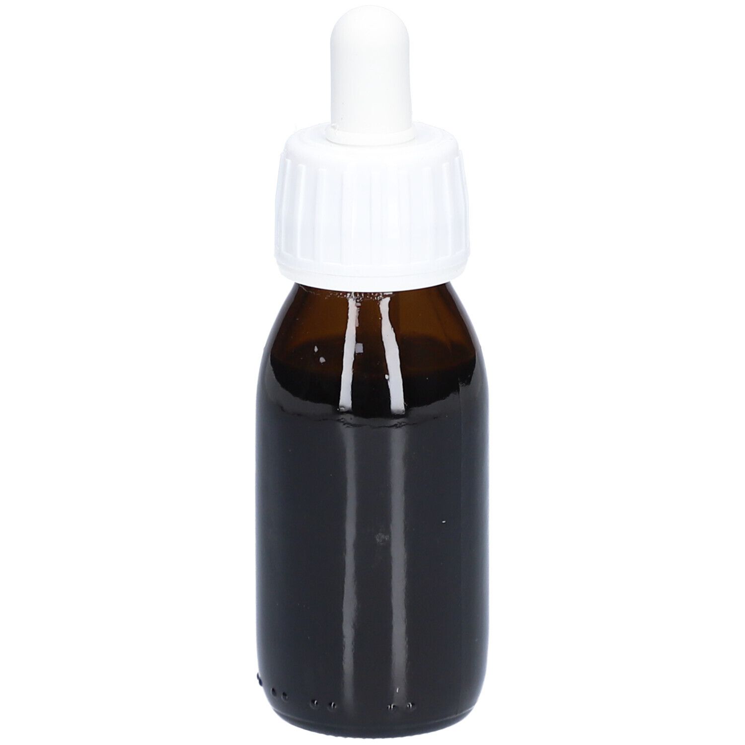 Braune Glasflasche mit weißem Schraubverschluss und Pipette. Etikett mit Logo und Text.