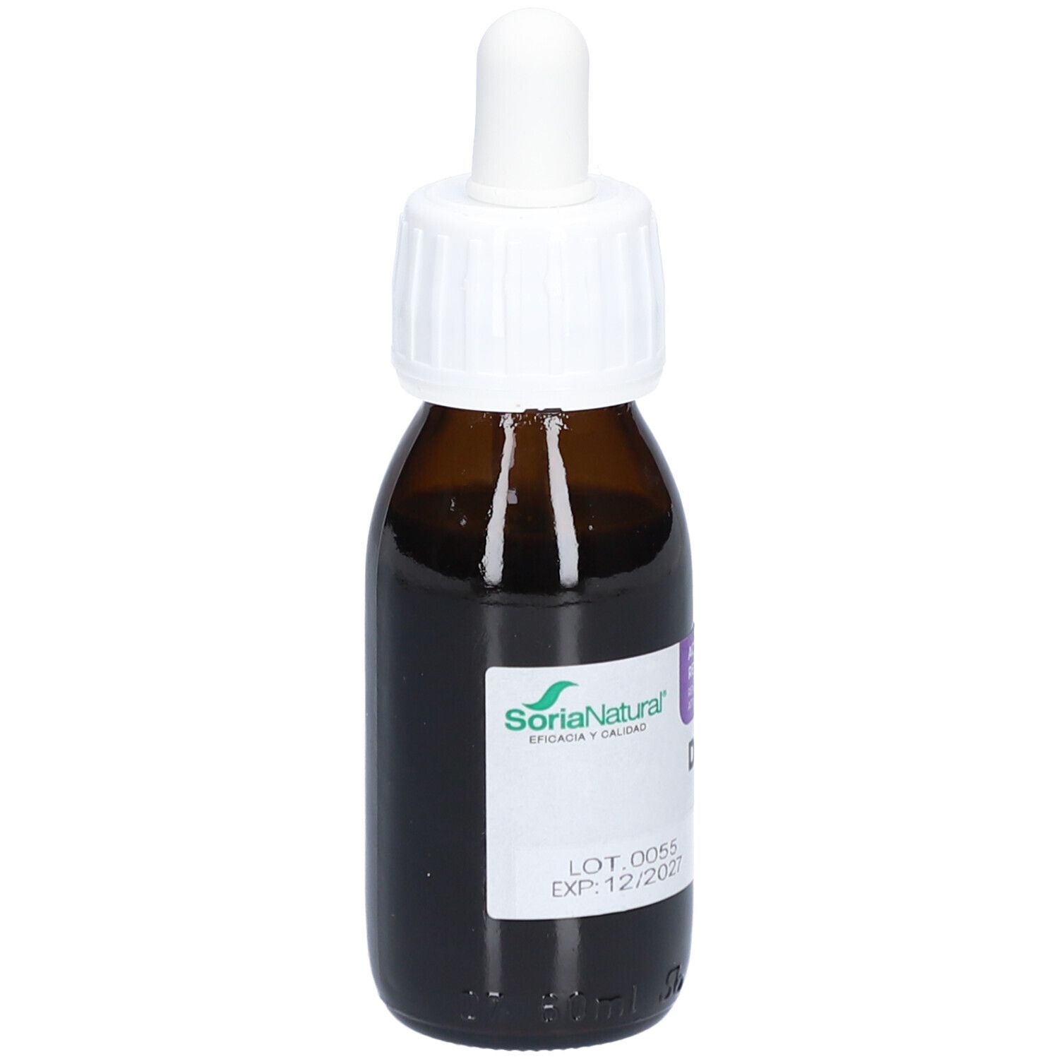 Braune Glasflasche mit weißem Schraubverschluss und Pipette. Etikett mit Produktnamen und Text.