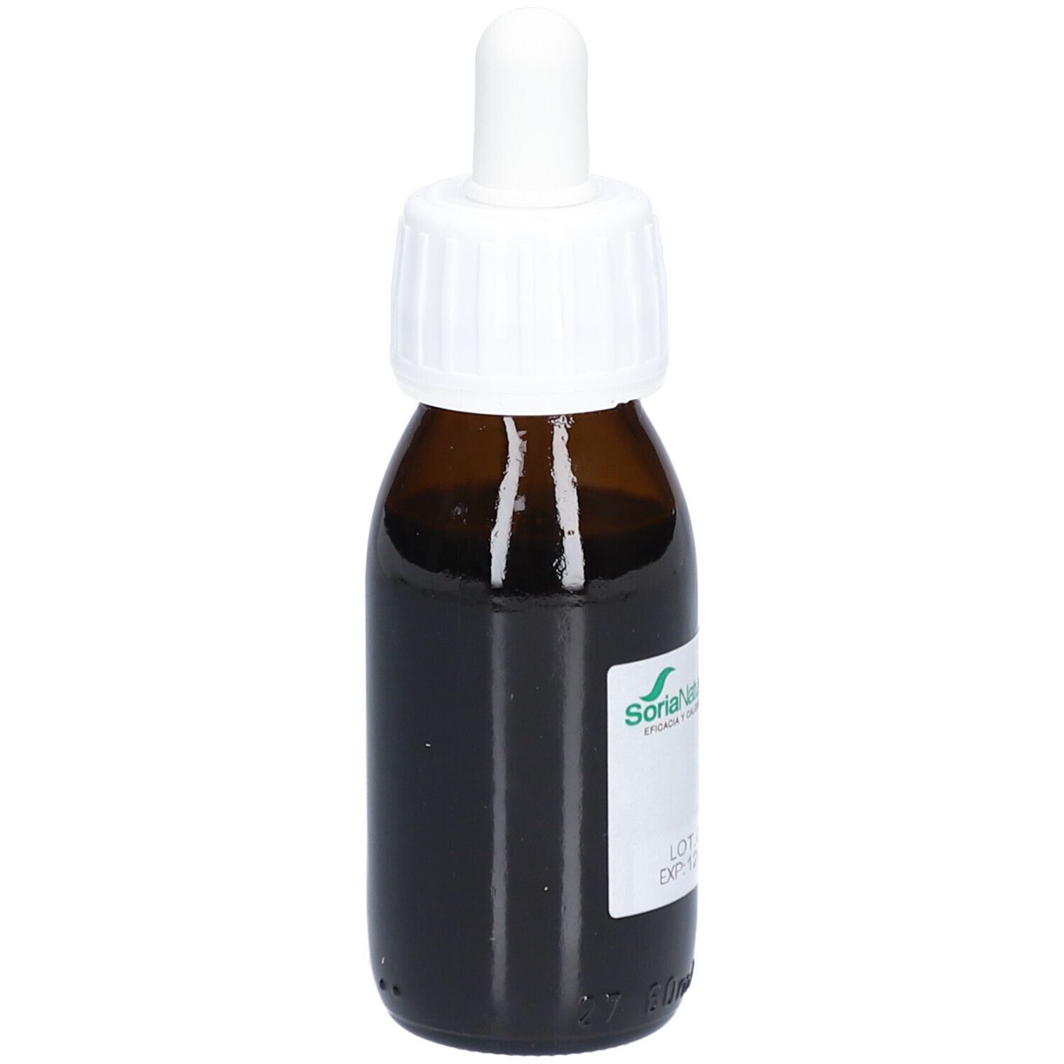 Braune Glasflasche mit weißem Schraubverschluss und Pipette. Etikett mit Produktnamen und Text.