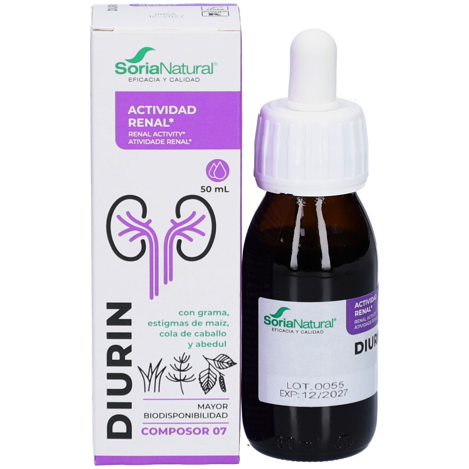 Produktflasche und Verpackung. Flasche mit Pipette, Verpackung mit Produktnamen und Logo.