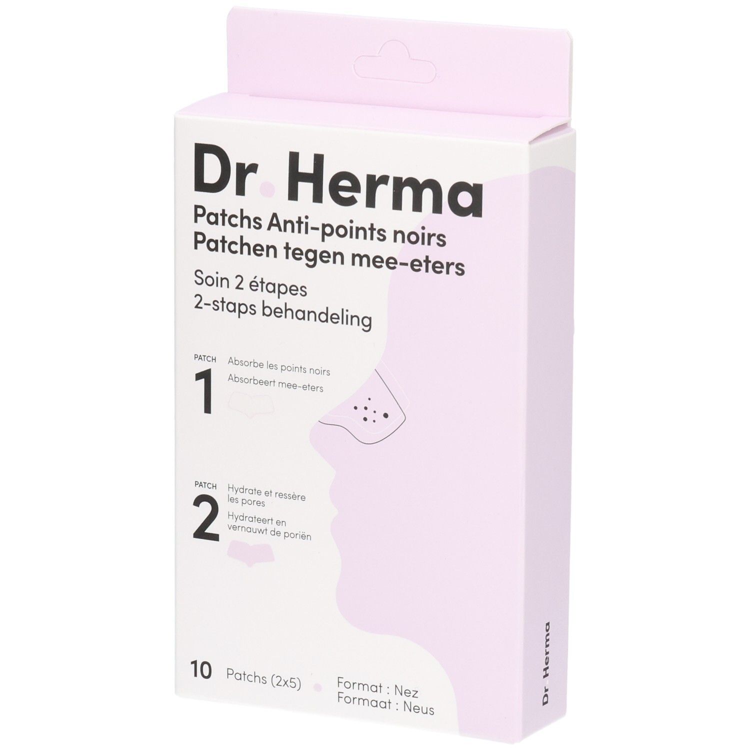 Verpackung von Dr. Herma Patches. Rosa-weiße Schachtel mit Produktinformationen und Illustrationen.