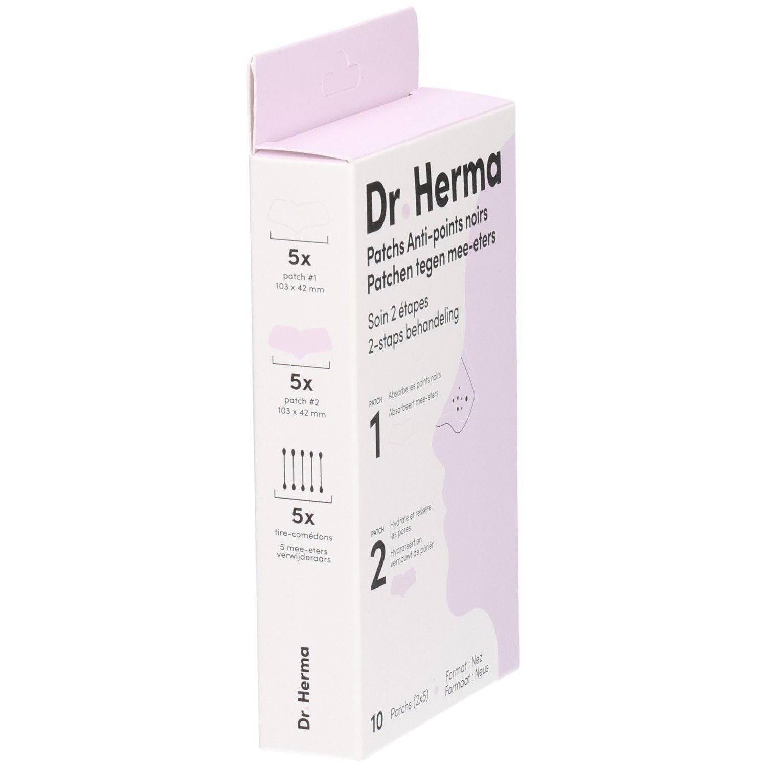 Seitenansicht der Dr. Herma Patch-Verpackung. Zeigt Produktinformationen und eine Illustration.