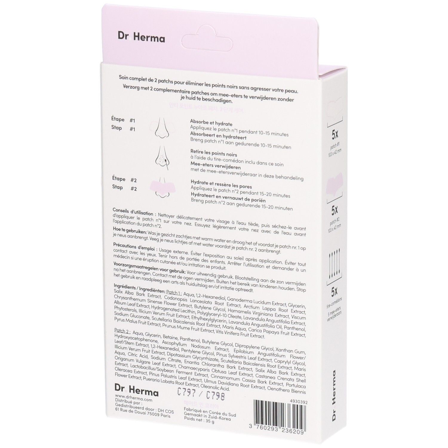 Rückseite der Dr. Herma Patch-Verpackung. Enthält Produktinformationen, Inhaltsstoffe und Anweisungen.